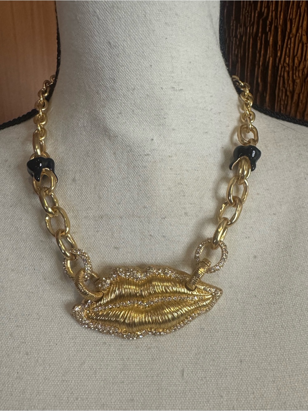 Schiaparelli Gold-Tone Lip Pendant Necklace with Crystal Accents - Women Jewelry